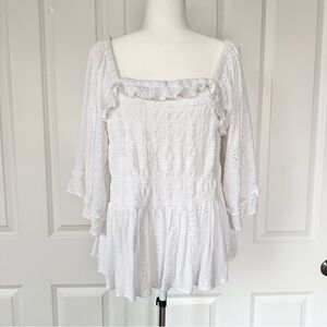 3X Romantic Gypsy Boho Whimsical Keyhole Flowy Feminine Blouse Top White Stretch